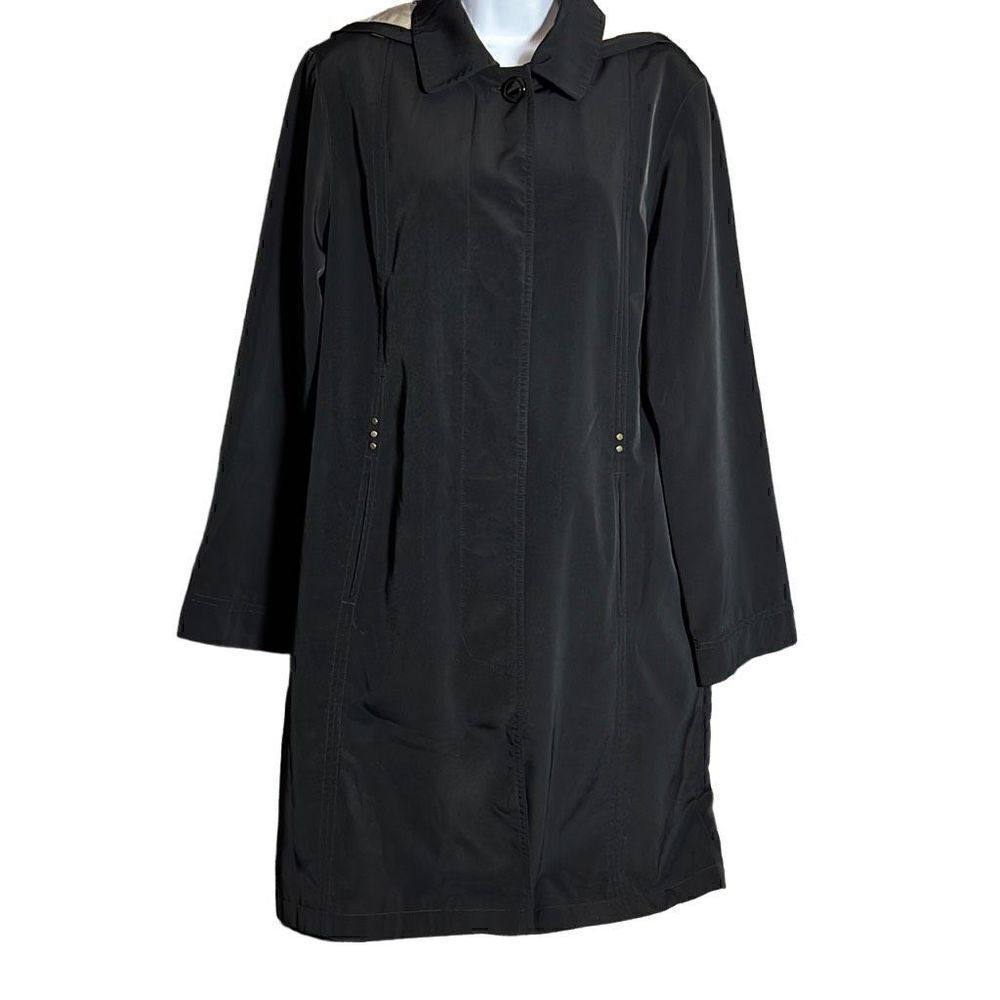 Gallery Womens Trench Coat Button Long Sleeve Hooded Medium Black